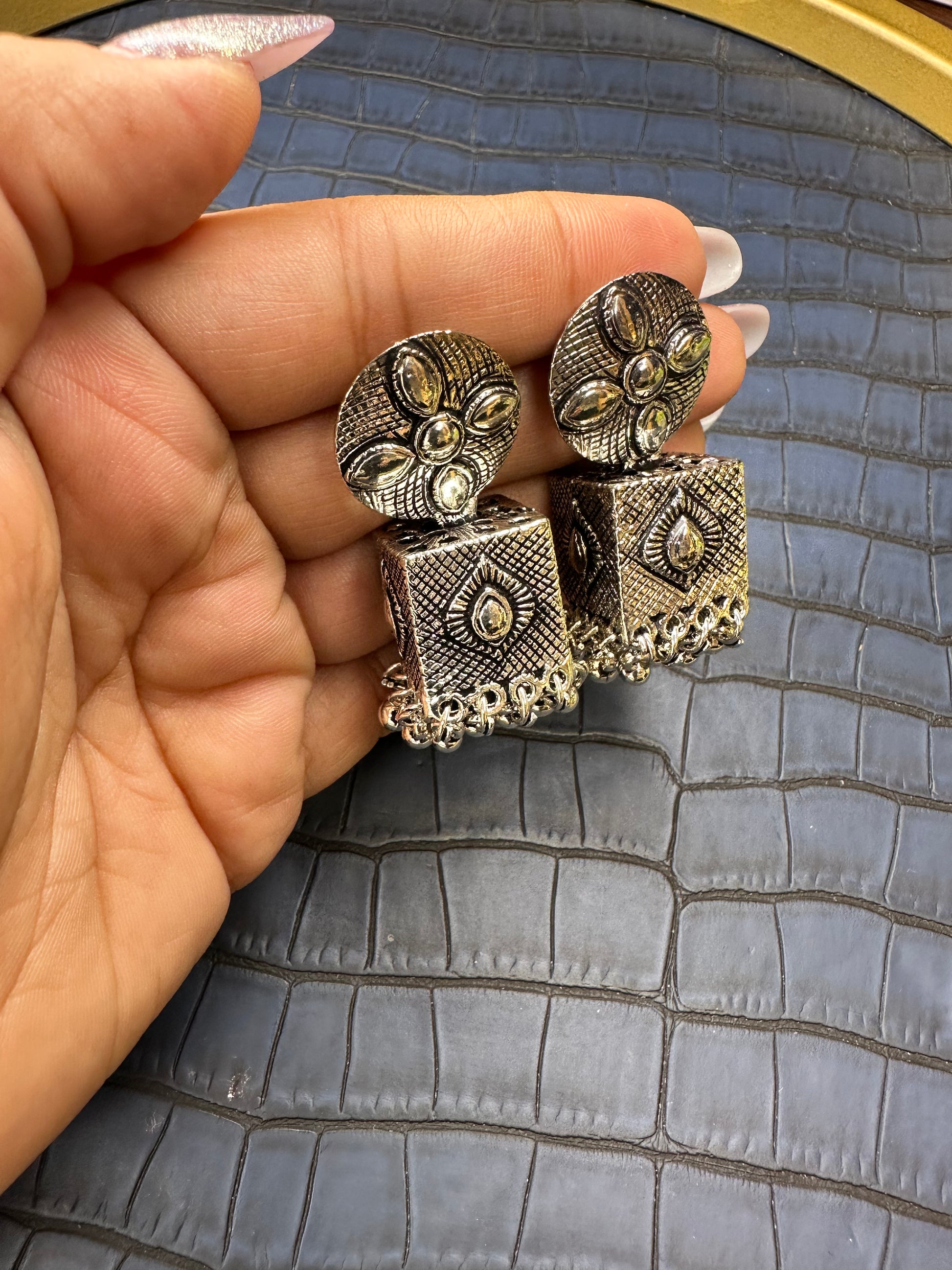 Close-up of HeyBae Oxidised Statement Earrings with Antique Finish