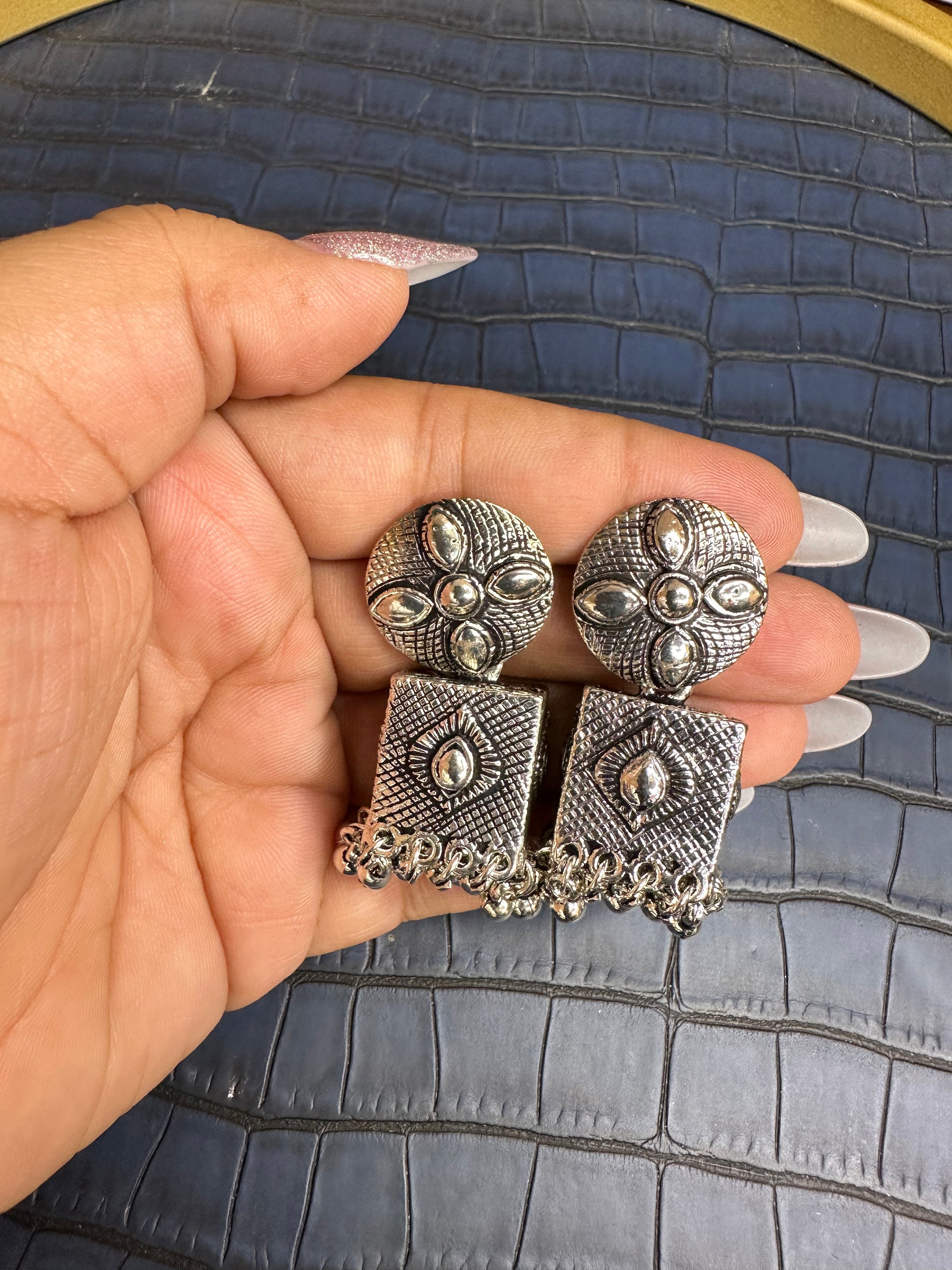 Front View of HeyBae Oxidised Statement Earrings for Women