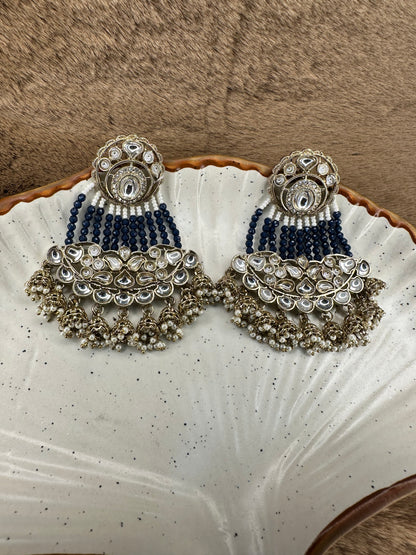 Side angle of HeyBae Blue Bead and Pearl Kundan Earrings
