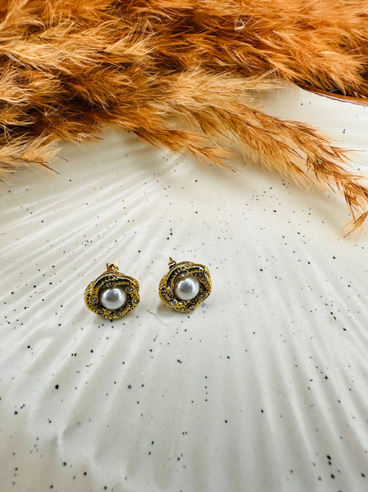 Side Look of HeyBae Gold Plated Pearl Stud Earrings with Shine