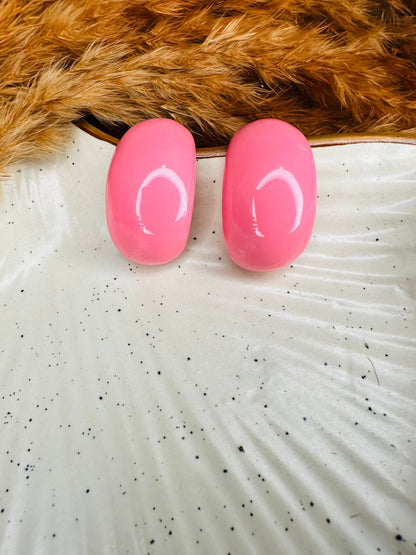 Close-up Detailing of HeyBae Pink Hoop Earrings with Glossy Finish