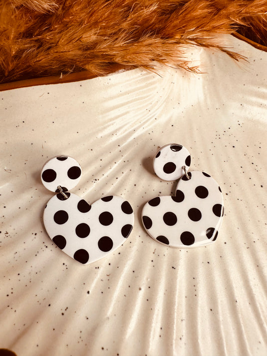 Model Wearing HeyBae Polka Dotted Heart Earrings with Casual Outfit
