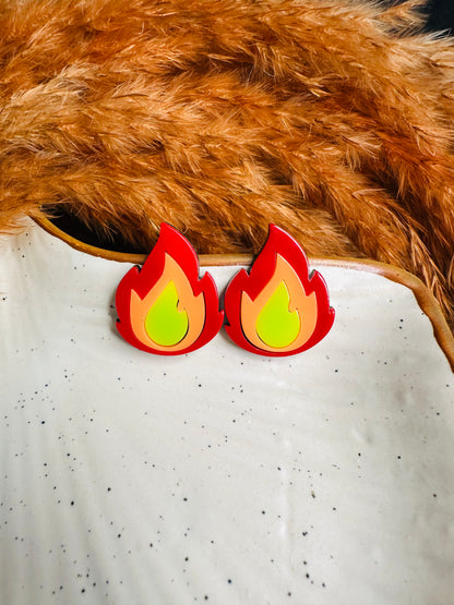 Model Wearing HeyBae Quirky Flame Earrings with Bold Outfit