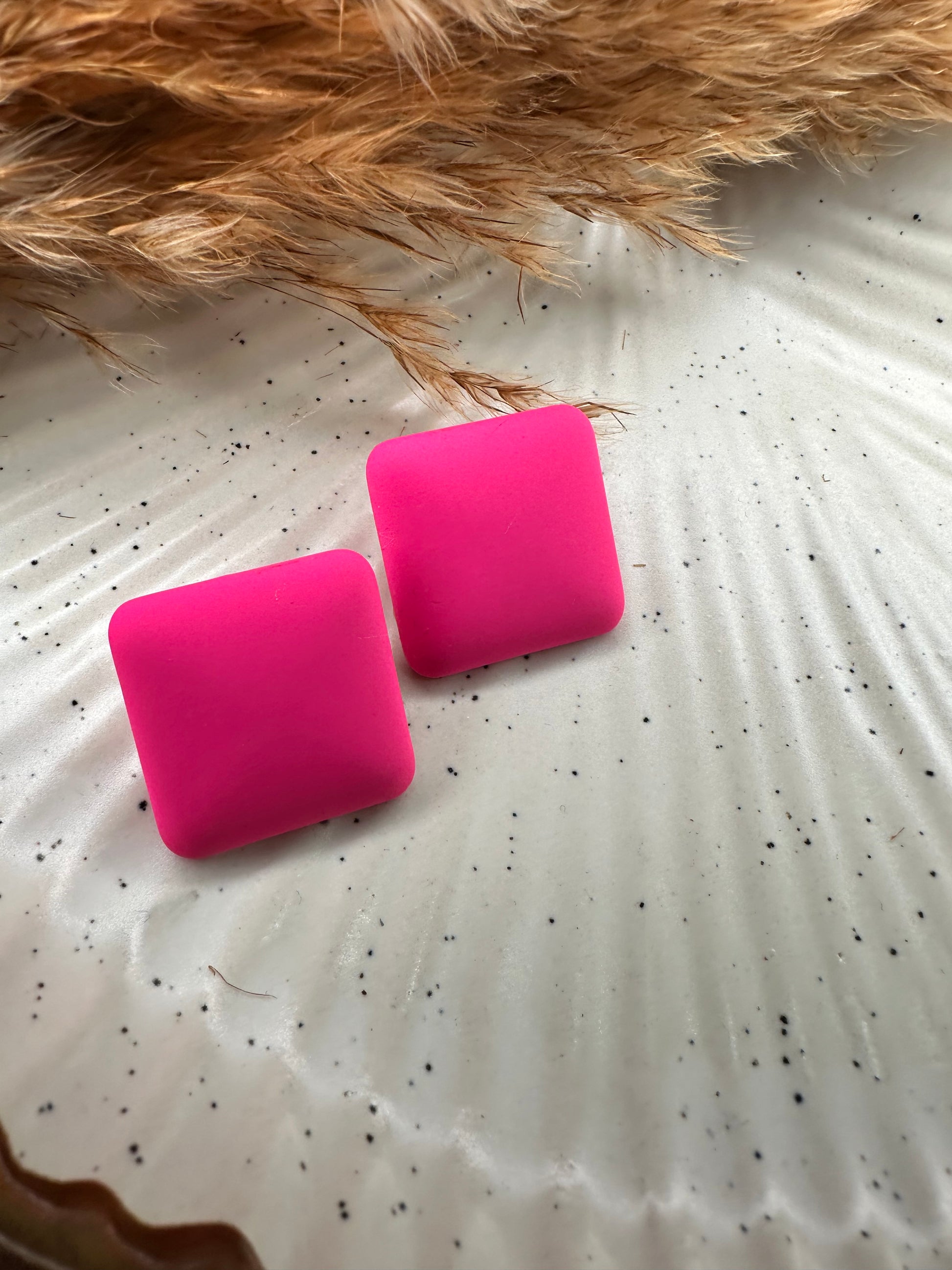 Handheld View of HeyBae Quirky Square Earrings with Polished Shine