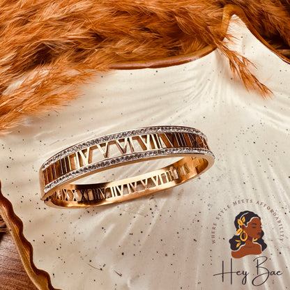 Close-up of HeyBae Roman Numbers Kada with elegant engraved numerals and gold plated finish