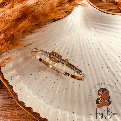 Close-up of HeyBae Rose Gold American Diamond Bangle with sparkling AD stones
