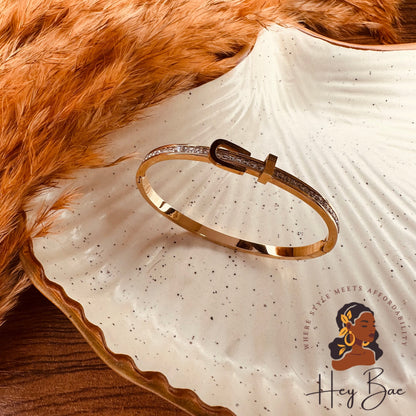Side view of HeyBae Rose Gold American Diamond Bangle with AD stones for women
