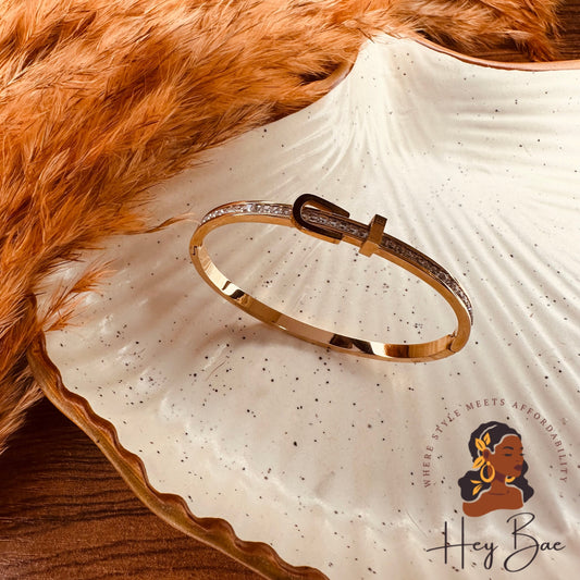 Side view of HeyBae Rose Gold American Diamond Bangle with AD stones for women