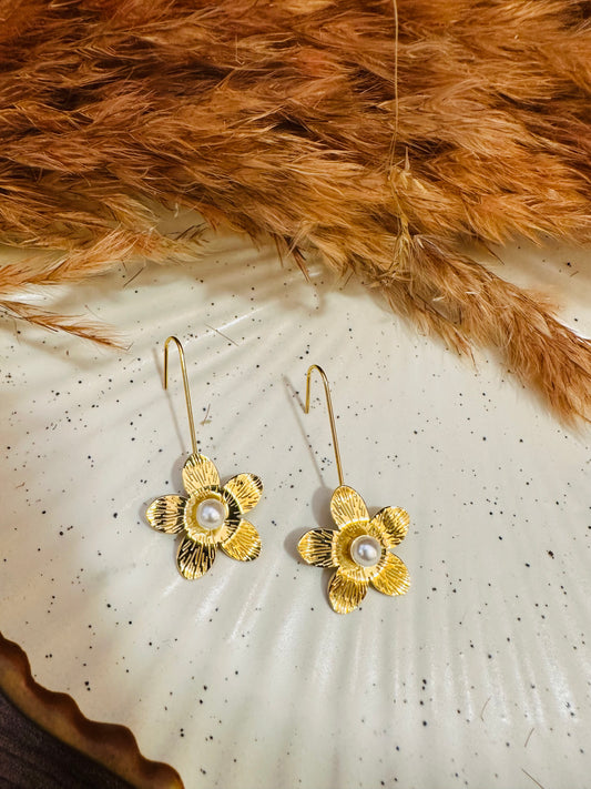 Front View of HeyBae Sleek Gold-Plated Teardrop Flower Dangle Earrings