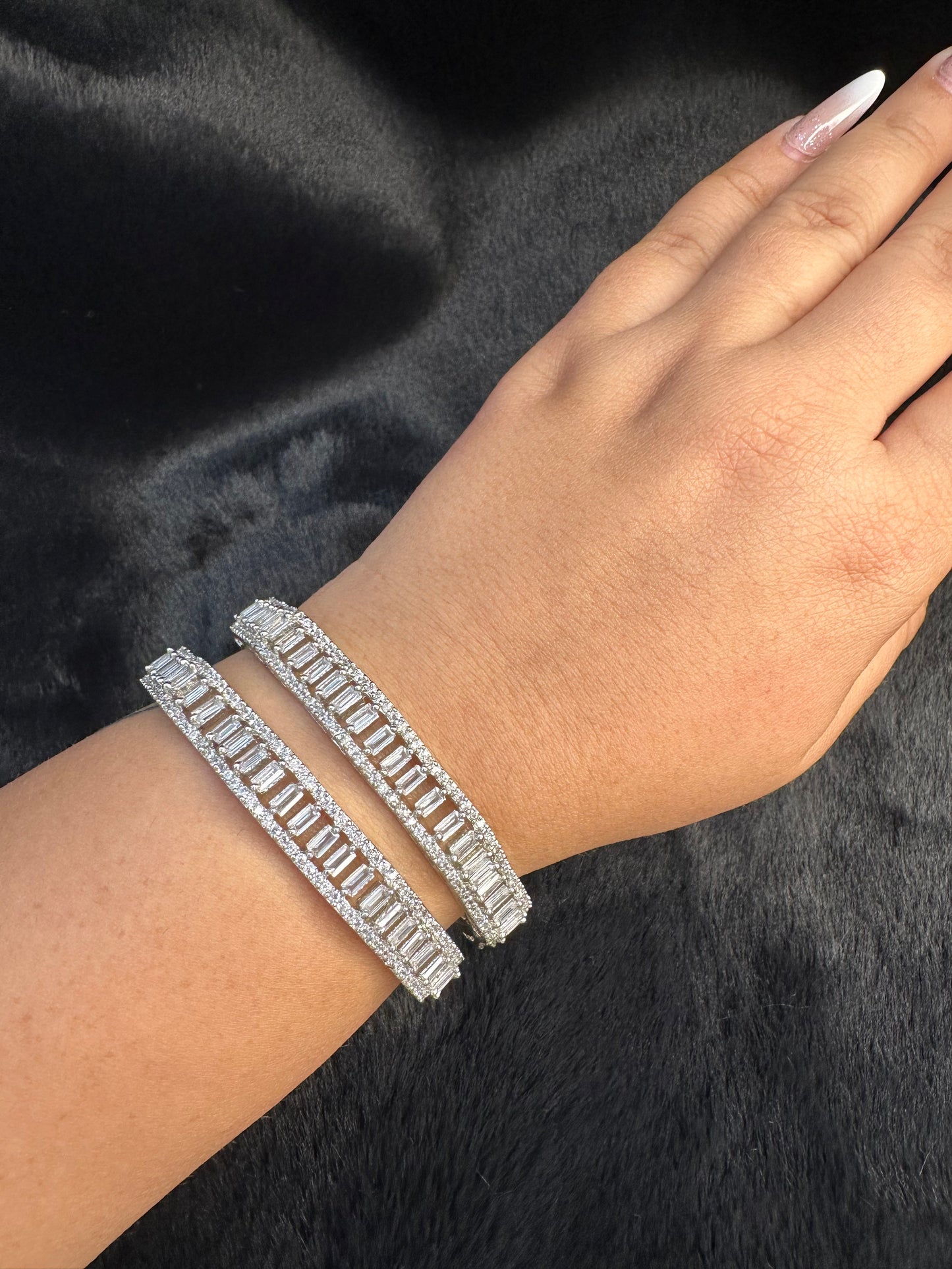 Detailed view of HeyBae Sparkling AD Bangle carvings and American Diamond stone placement