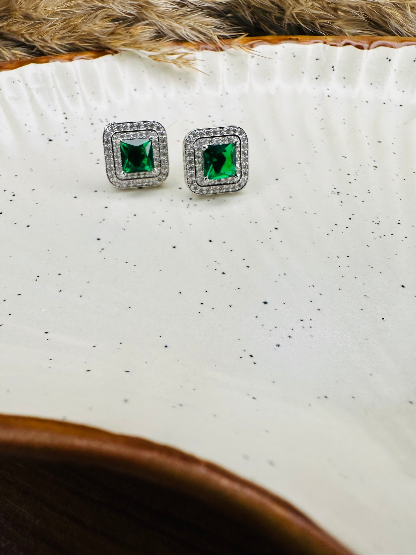 Close-up detailing of HeyBae Elegant AD Square Crystal Stud Earrings