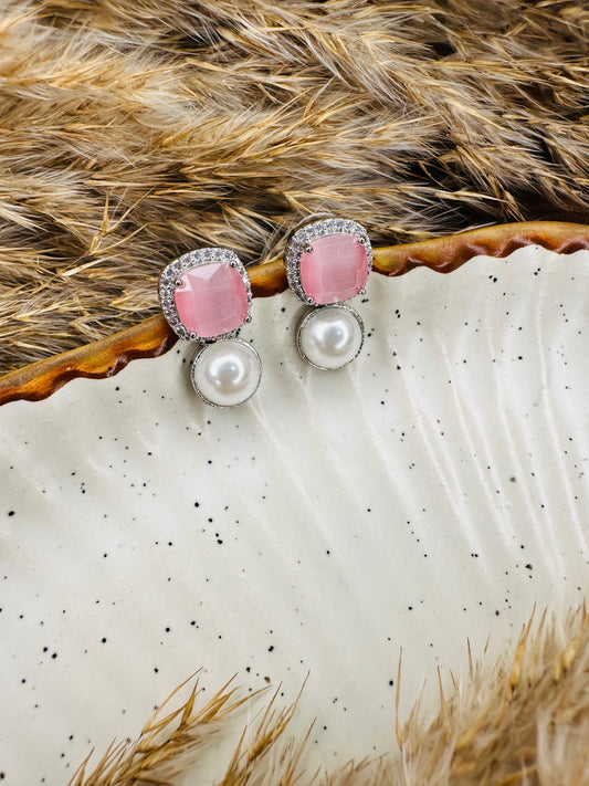 Close-up of HeyBae Elegant Square Stone & Pearl AD Stud Earrings