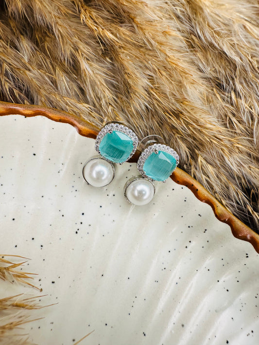 Front view of HeyBae AD Stud Square Stone & Pearl Earrings