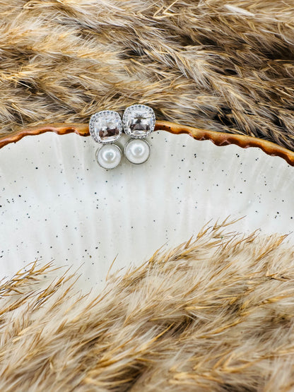 Elegant HeyBae Square Pearl & Stone AD Stud Earrings for women
