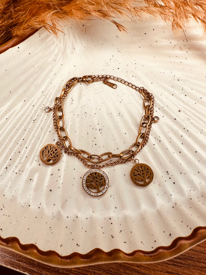 Stylish women’s harmony tree gold bracelet in polished stainless steel