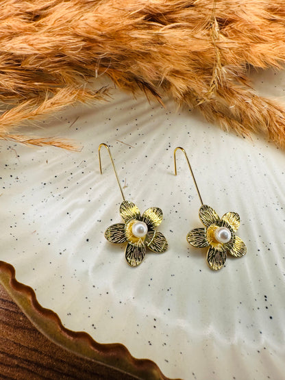 Side View of HeyBae Sleek Gold-Plated Teardrop Flower Earrings