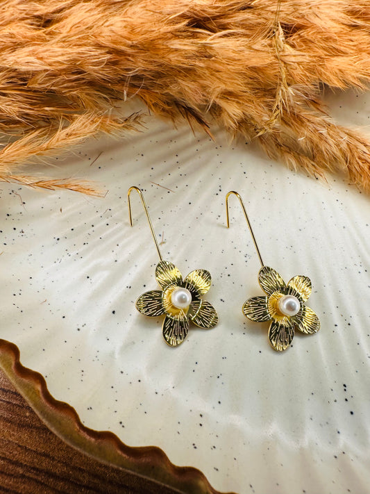 Side View of HeyBae Sleek Gold-Plated Teardrop Flower Earrings