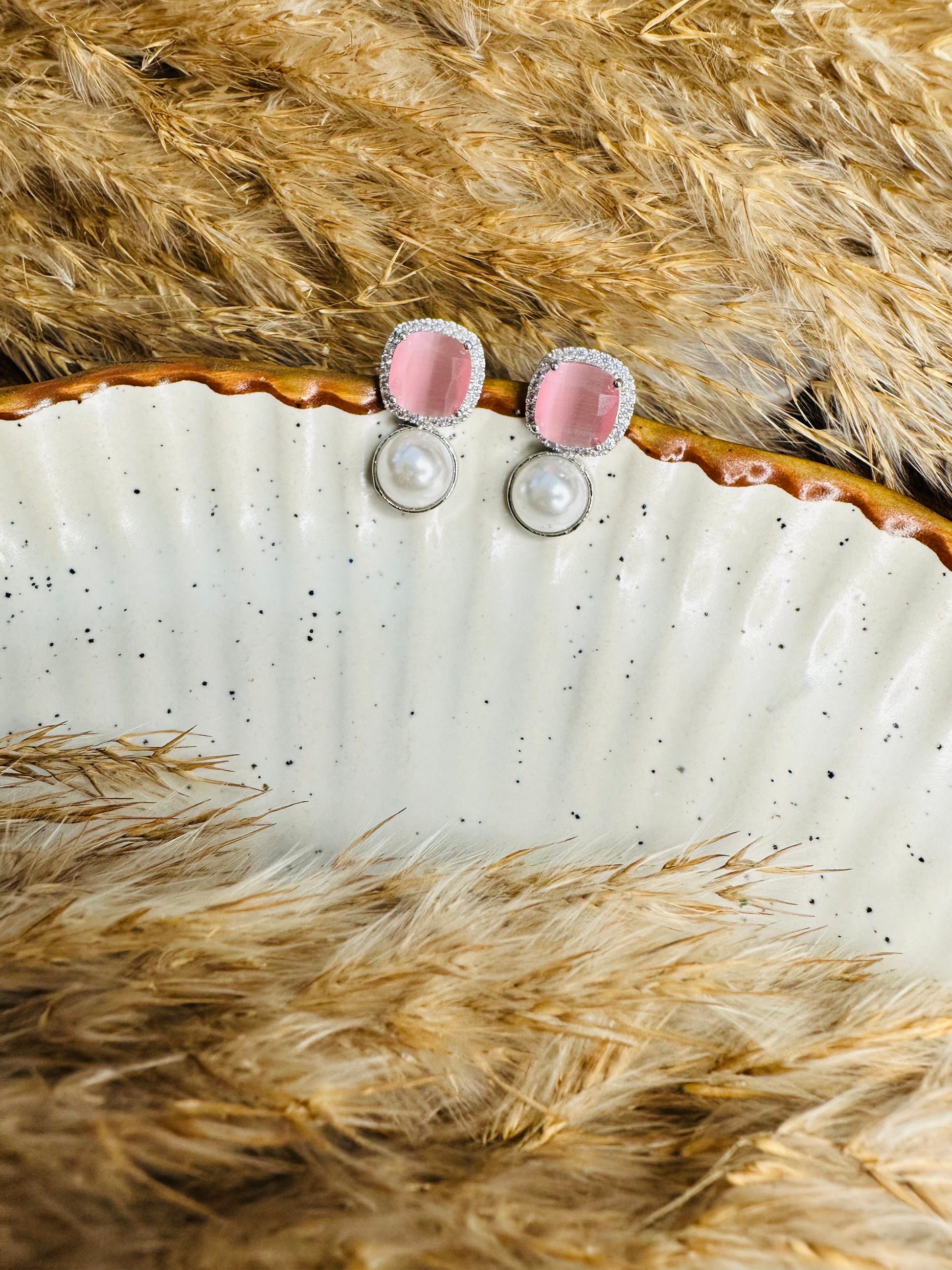 Trendy HeyBae Square Stone & Pearl Stud Earrings for daily wear