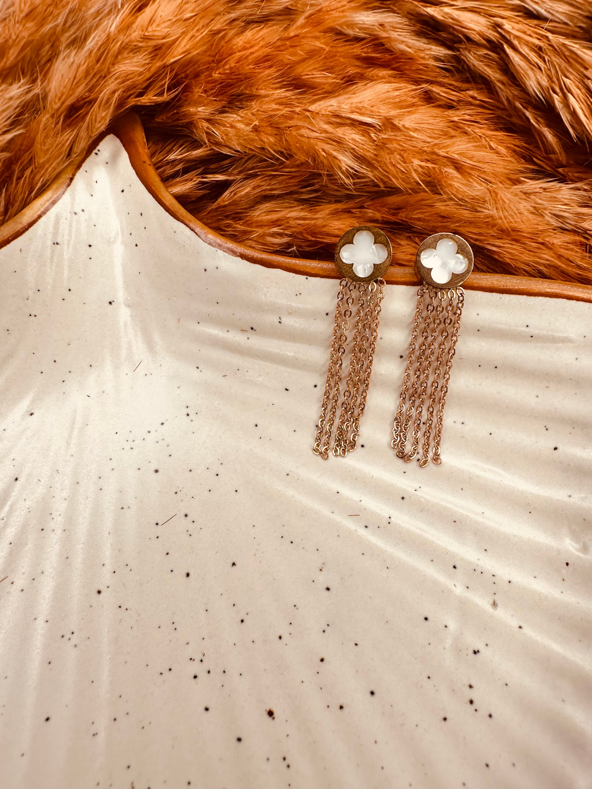 Trendy white and black clover tassel earrings for parties