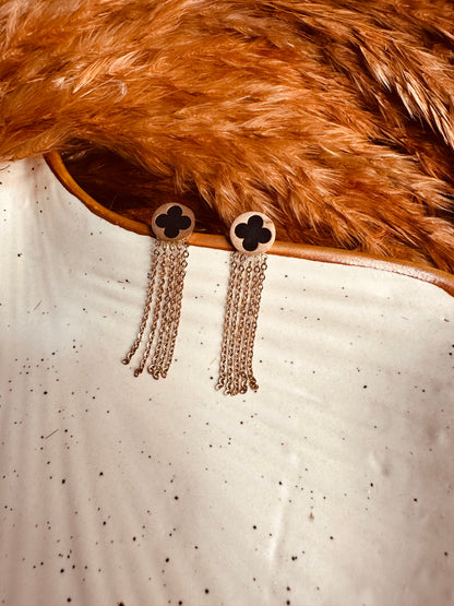 HeyBae white and black clover tassel earrings for women