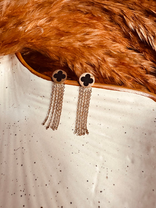 HeyBae white and black clover tassel earrings for women