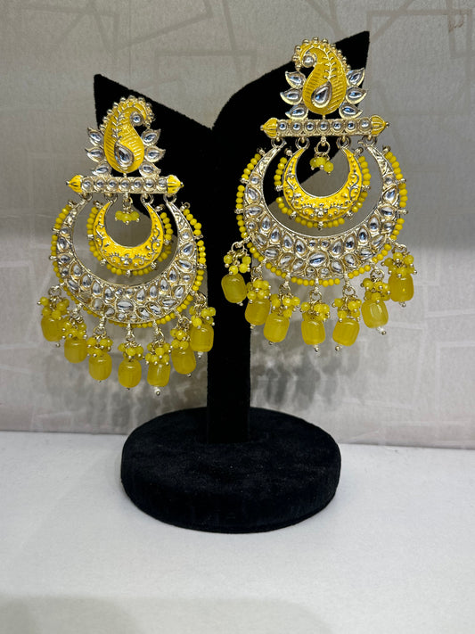 Front View of HeyBae Pearl & Yellow Bead Kundan Earrings – Ethnic Jewelry