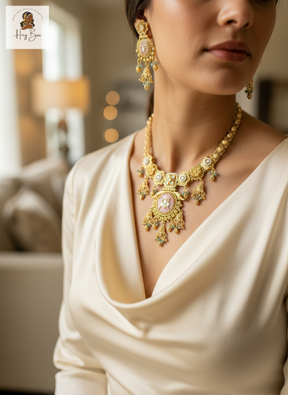 Woman wearing a gold necklace and earrings in an indoor setting