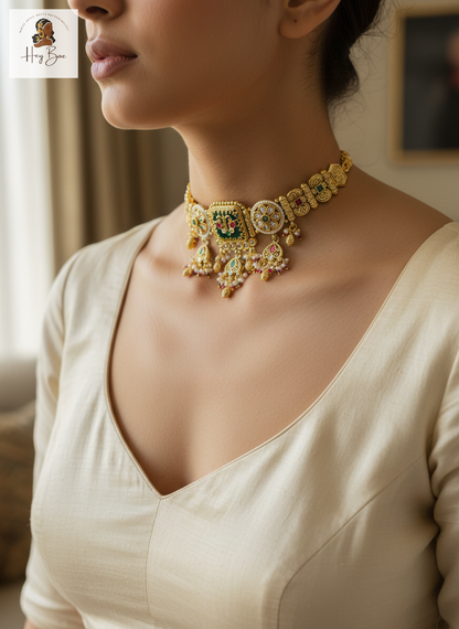 Woman wearing a gold necklace with green gemstones indoors