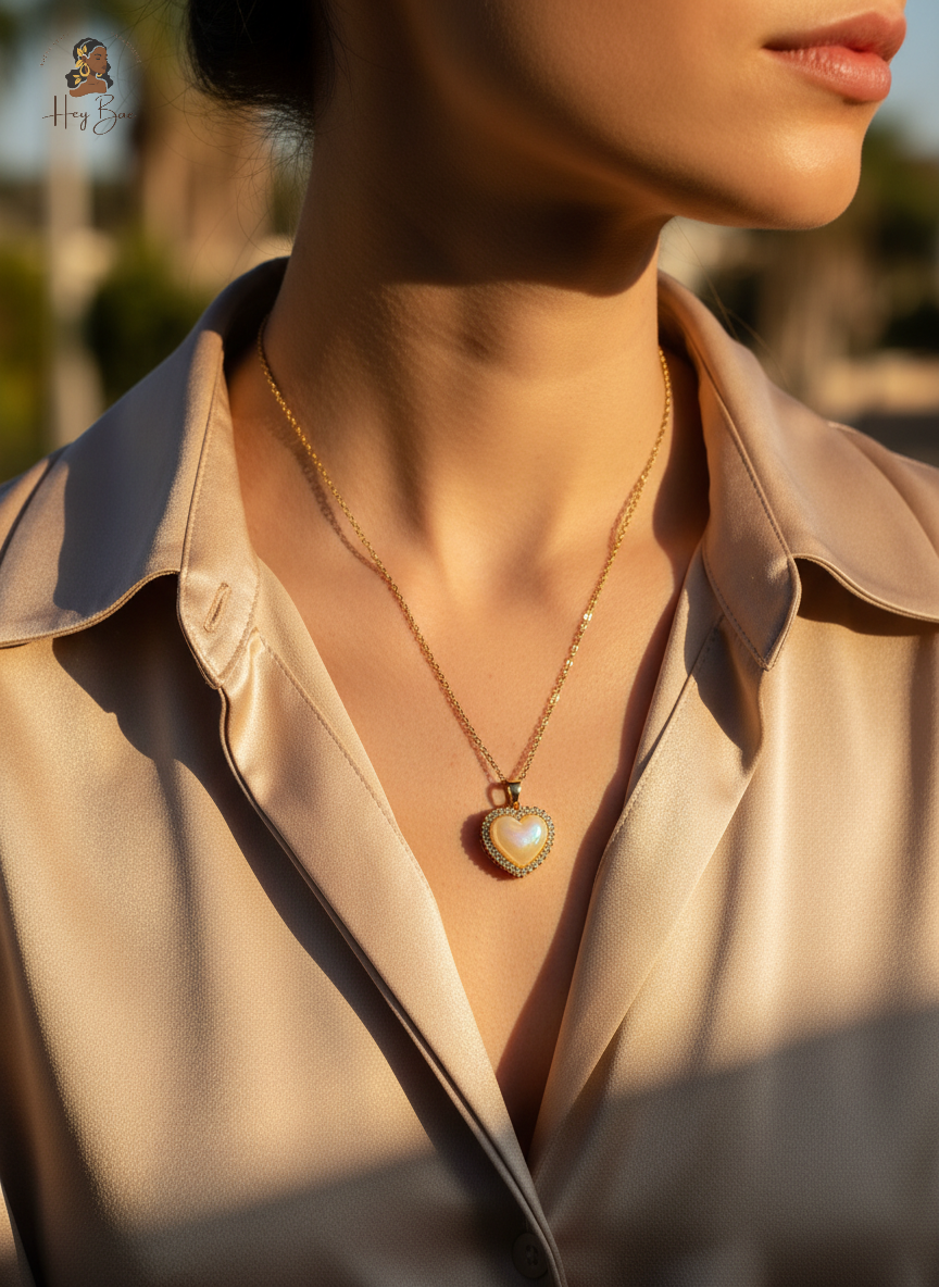 Close-up of a person wearing a gold necklace with a heart-shaped pendant, blurred outdoor background.