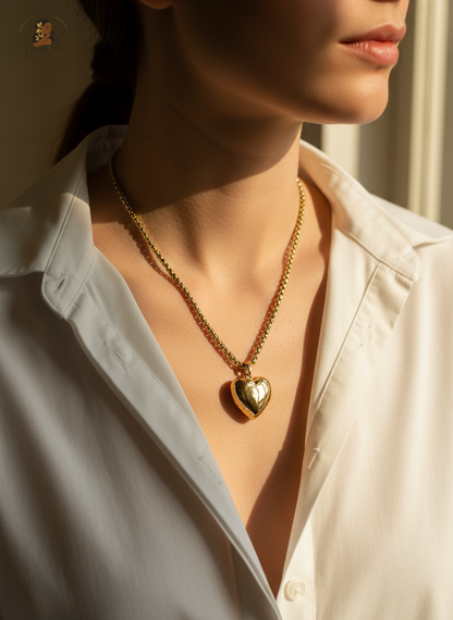 Gold necklace with a heart pendant worn by a person in a white shirt.