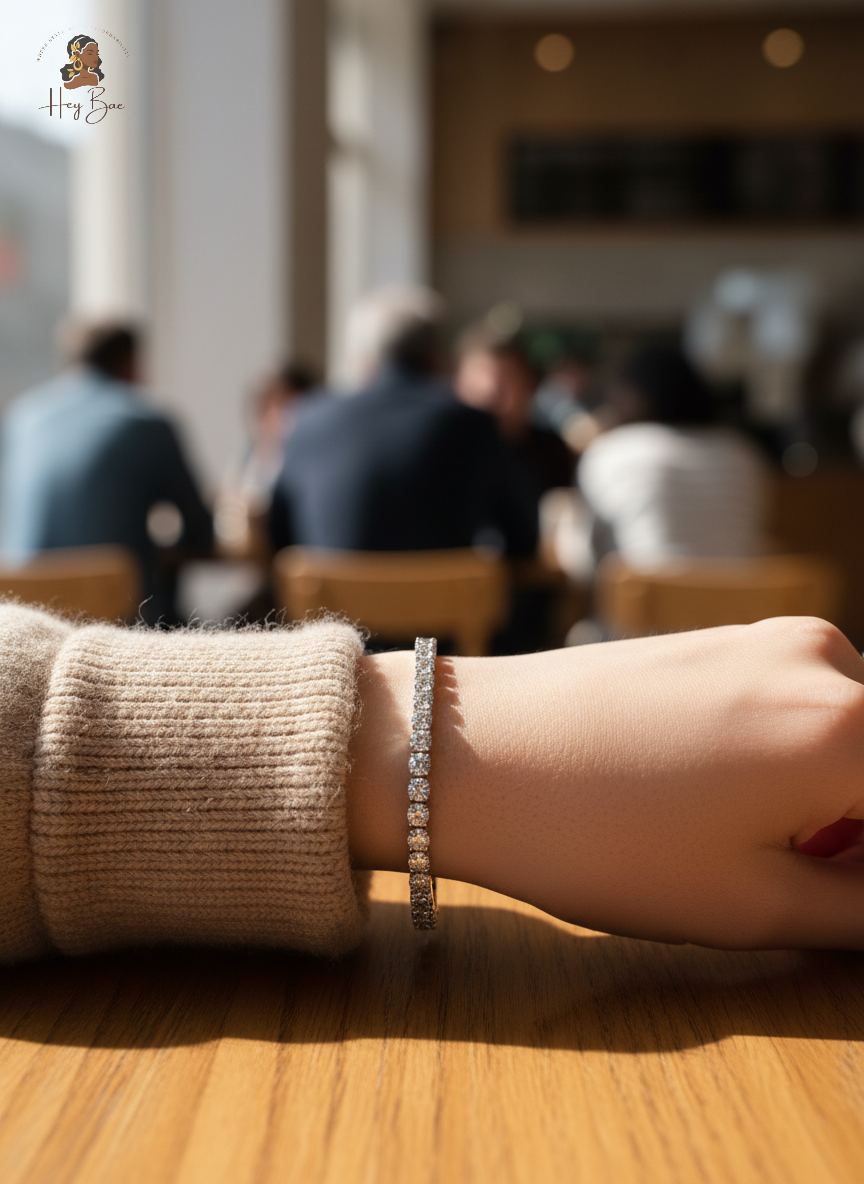 Close-up of a hand wearing a bracelet with a blurred indoor setting in the background