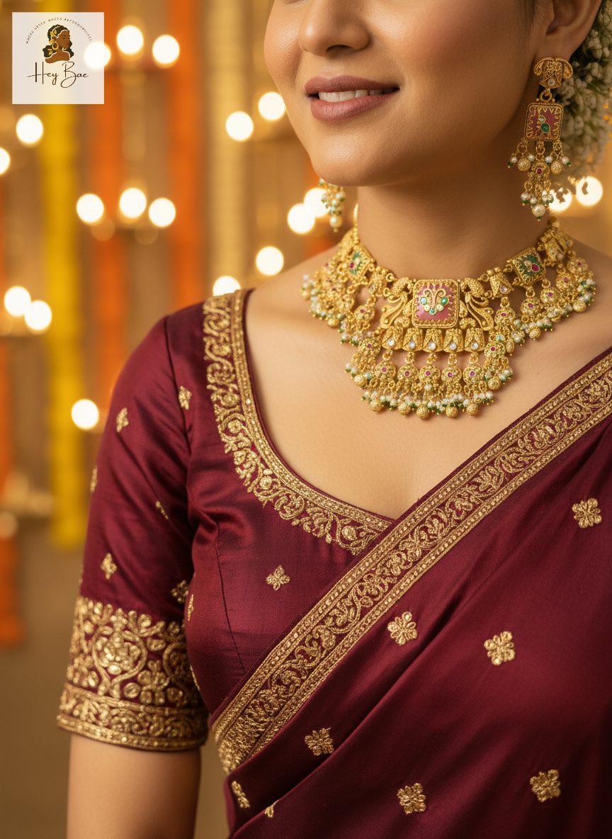 Woman wearing a maroon saree with gold embroidery and jewelry against a blurred festive background.