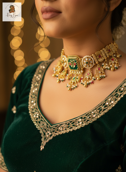 Close-up of a person wearing a gold necklace with green and red stones, against a blurred background.