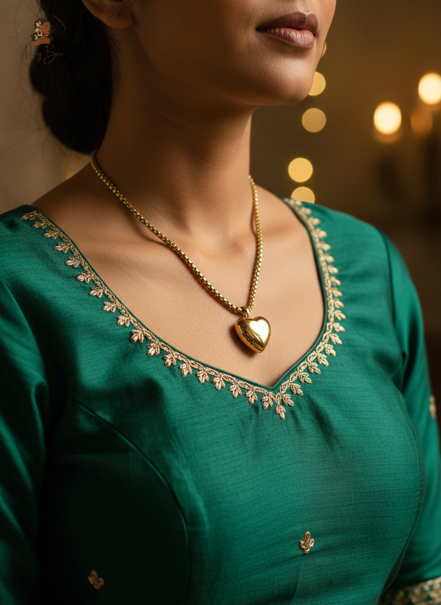 Woman wearing a green traditional outfit with a gold necklace featuring a heart pendant.