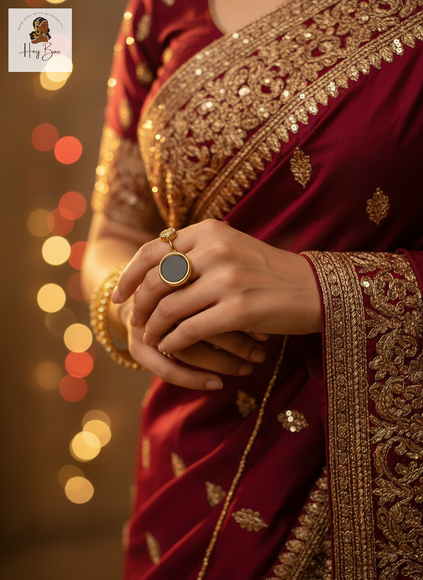 Close-up of a person wearing a maroon saree with Midnight Black Gold Ring | Anti-Tarnish Statement Jewellery | Hey Bae, holding hands together against a blurred background.