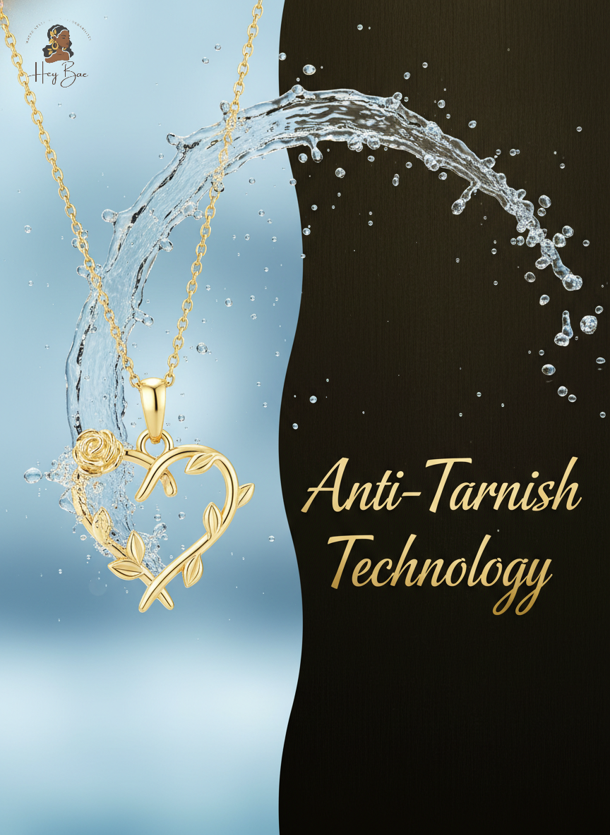 Gold necklace with heart and rose design on a water splash background, featuring 'Anti-Tarnish Technology' text.