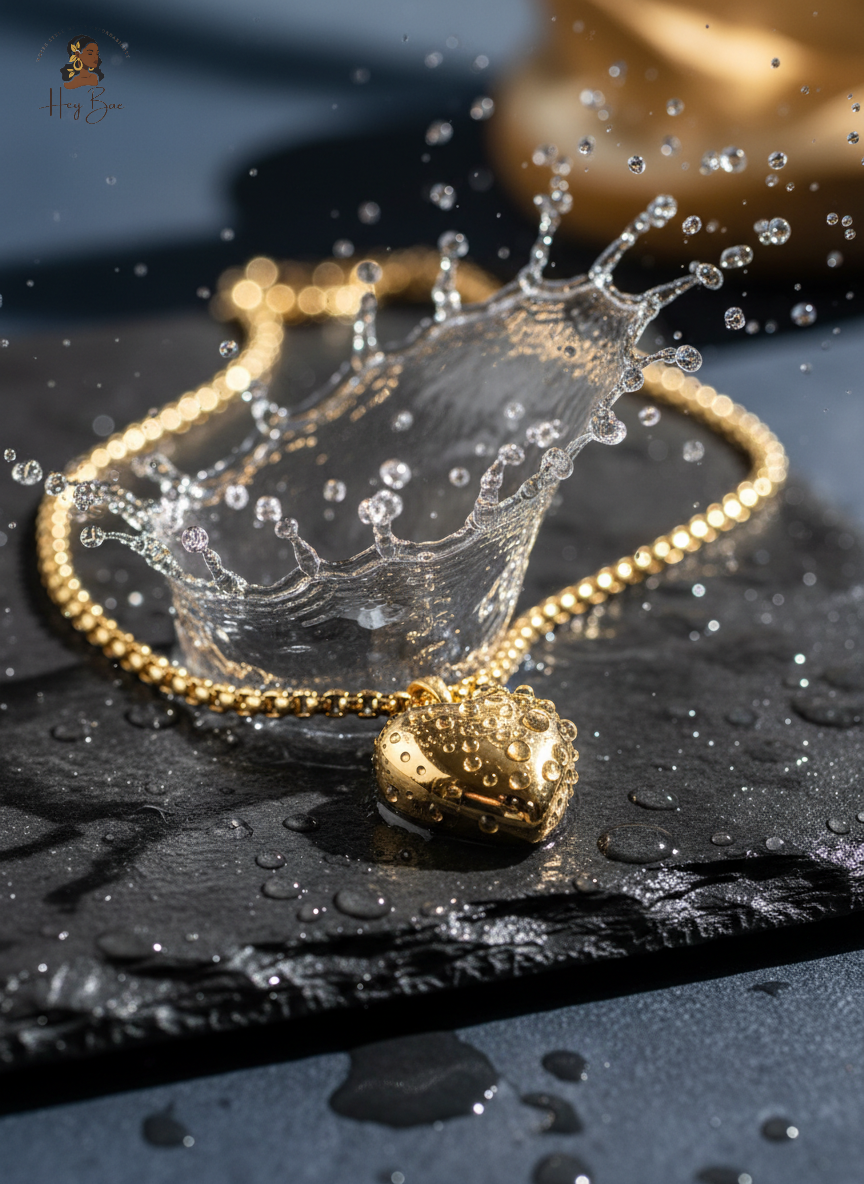 Gold necklace with a textured pendant on a dark surface with water droplets.