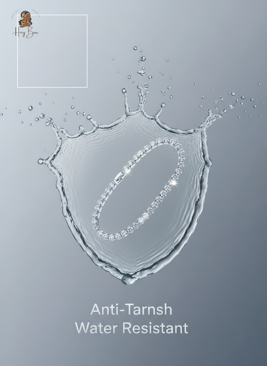 Shield shape made from water droplets with 'Anti-Tarnish Water Resistant' text on a gray background
