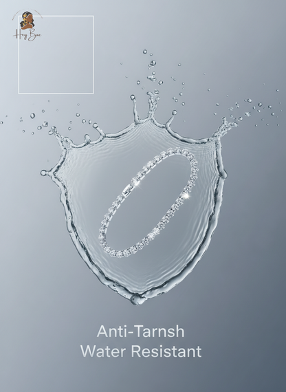 Shield shape made from water droplets with 'Anti-Tarnish Water Resistant' text on a gray background