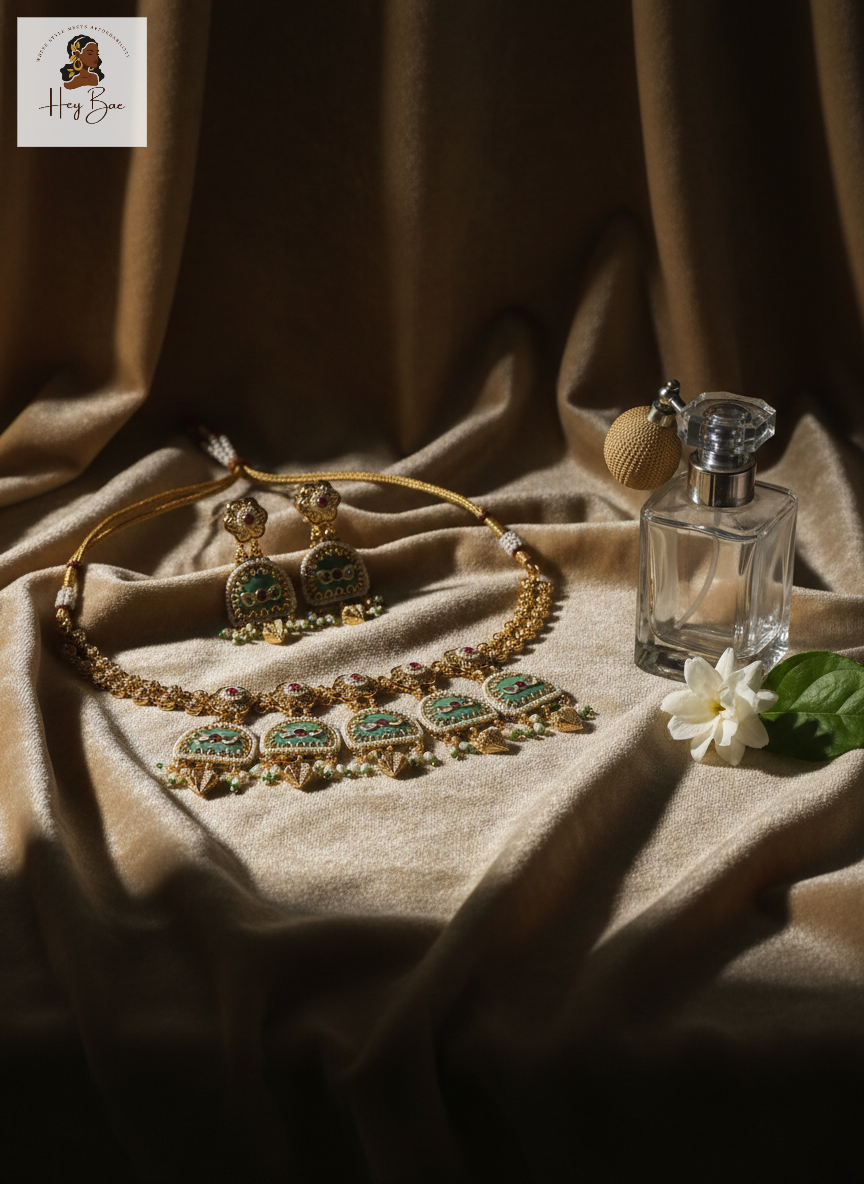Jewelry set with green gemstones and gold accents on a brown fabric background, next to a perfume bottle.