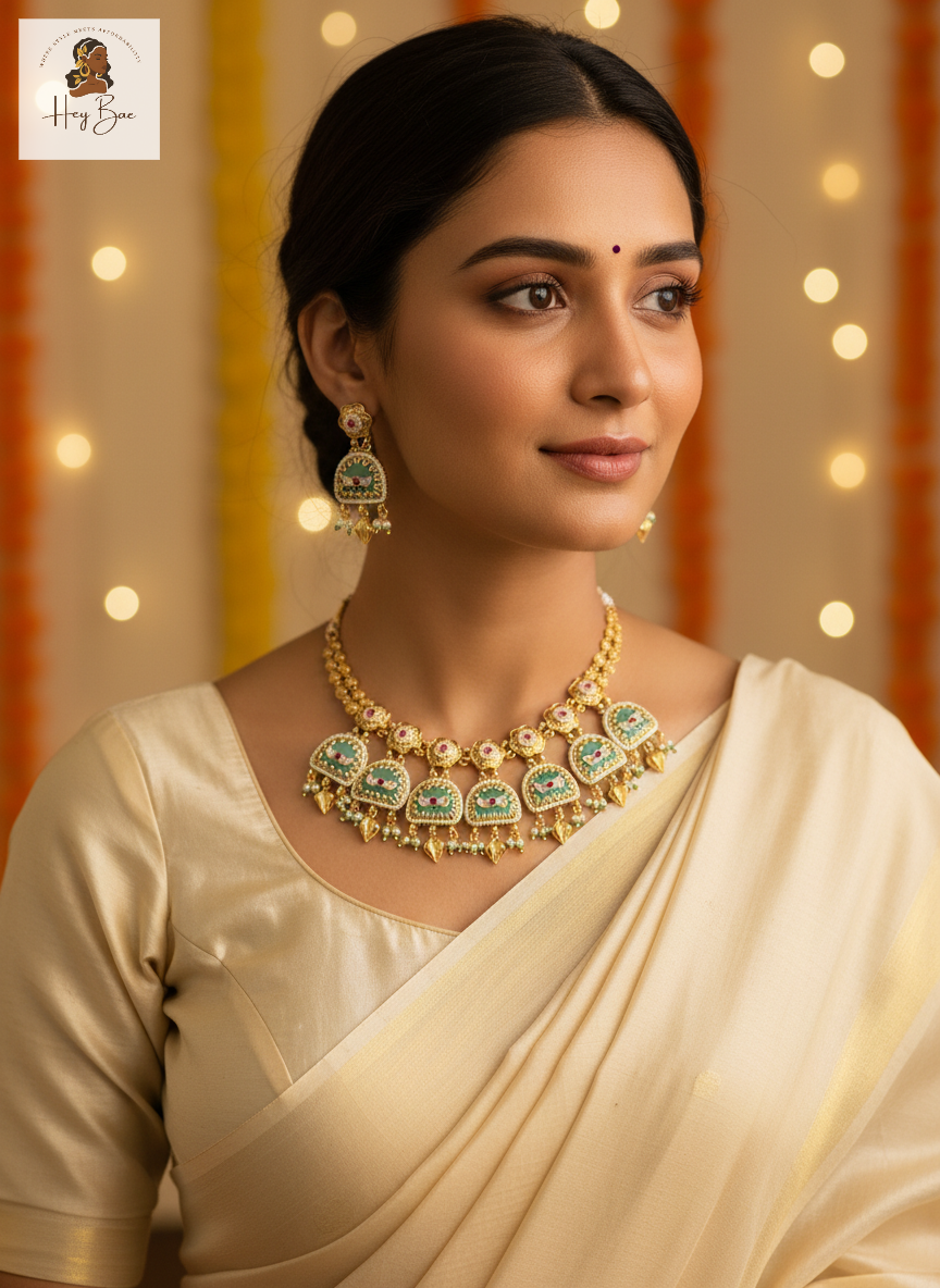 Woman wearing traditional jewelry with a warm, blurred background