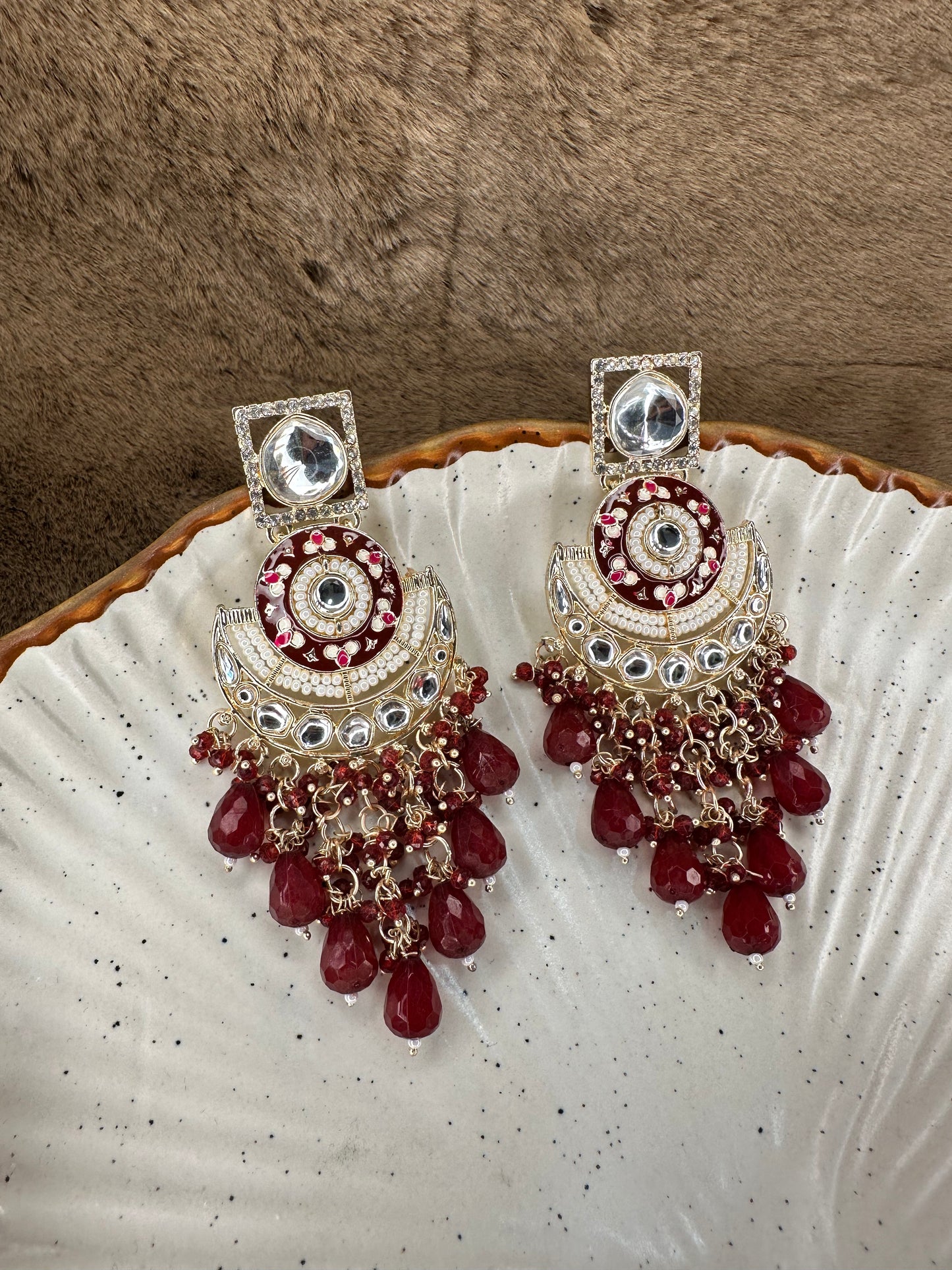 Oxidized Silver & Red Stone Earrings for Women