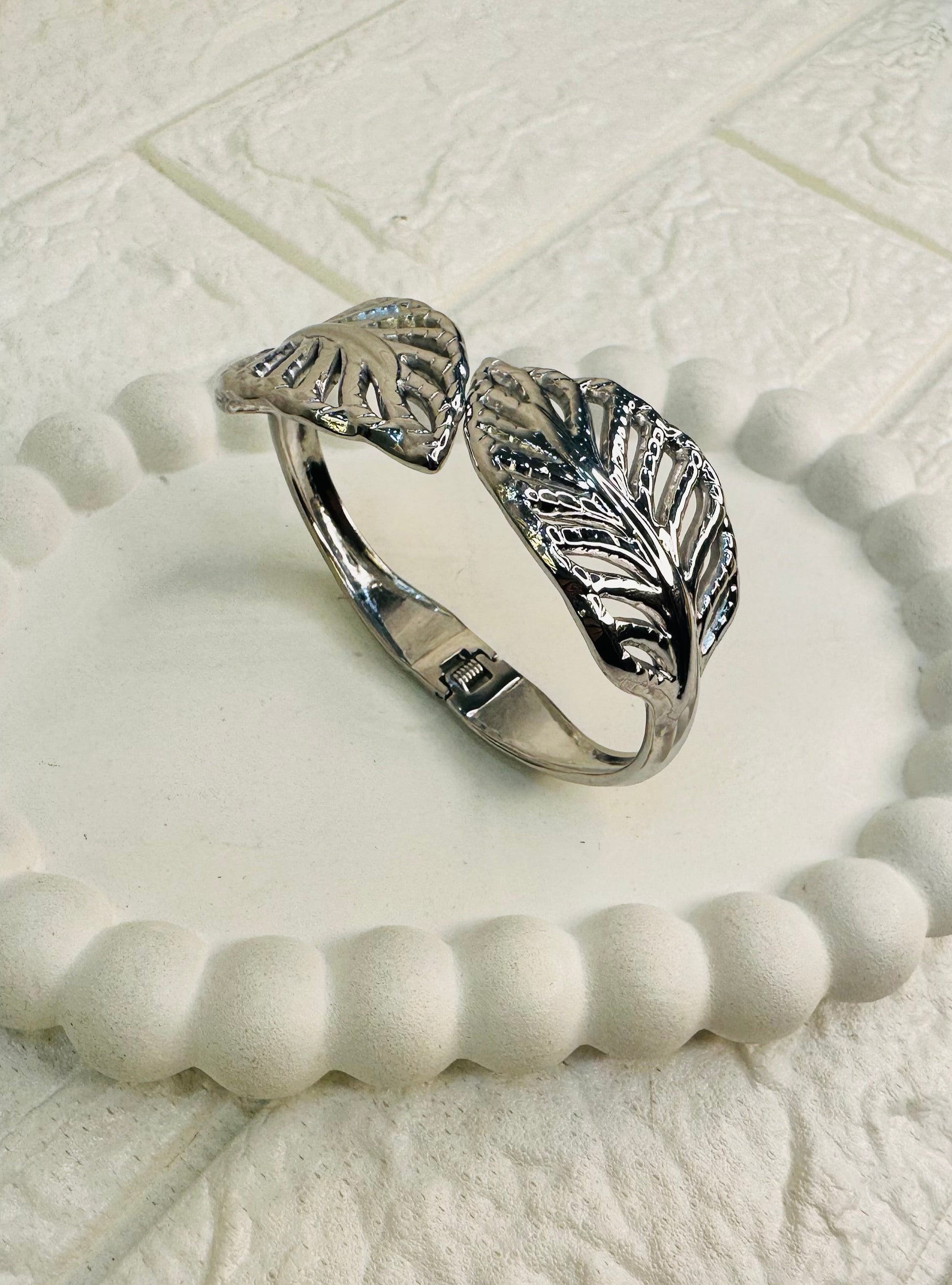 Silver leaf motif bangle bracelet gift for her