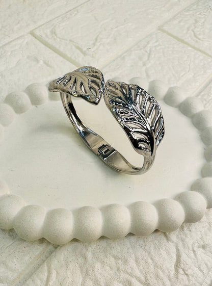 Silver leaf motif bangle bracelet gift for her