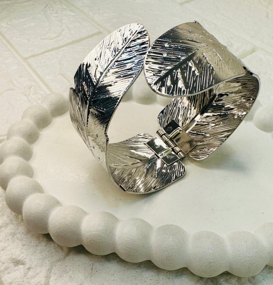 Silver Leaf Cuff Bracelet front view anti-tarnish design