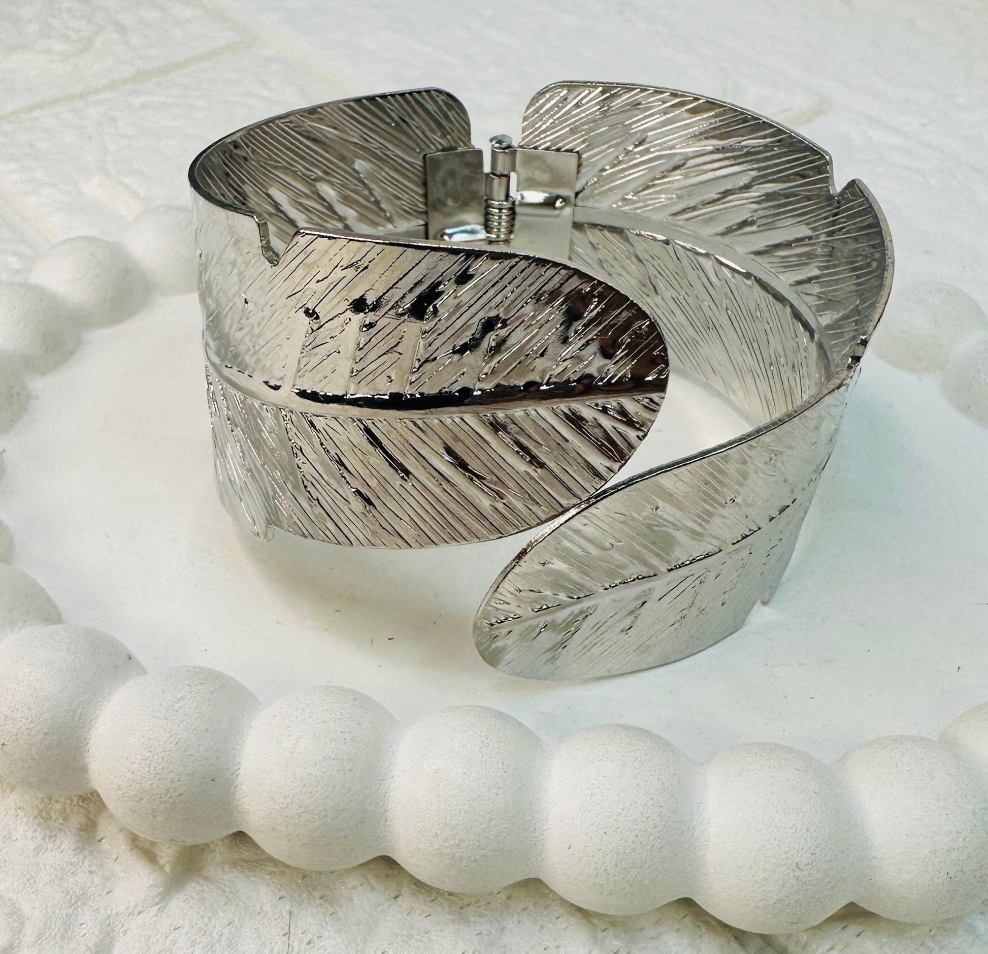 Side angle of Silver Leaf Cuff Bracelet adjustable fit
