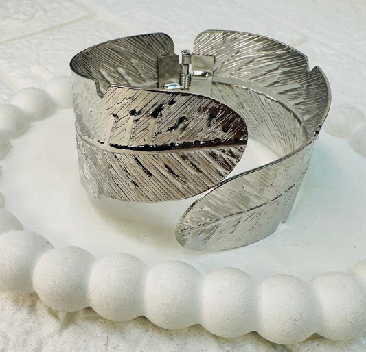 Side angle of Silver Leaf Cuff Bracelet adjustable fit