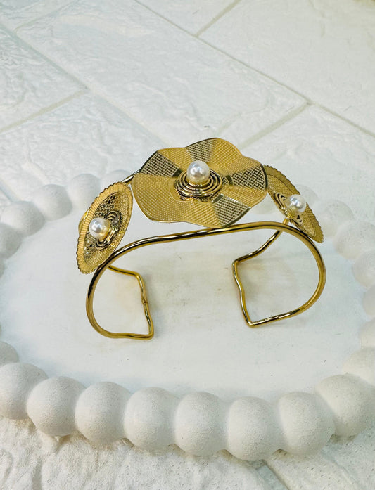 Triple Disc Pearl Cuff Bracelet in gold with elegant front design