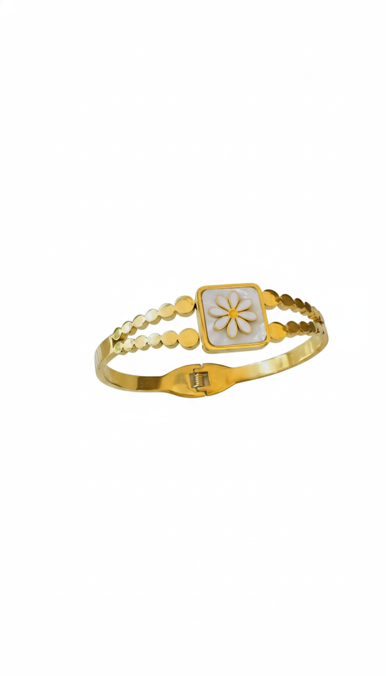 Gold bracelet with a square charm with white flower clover  